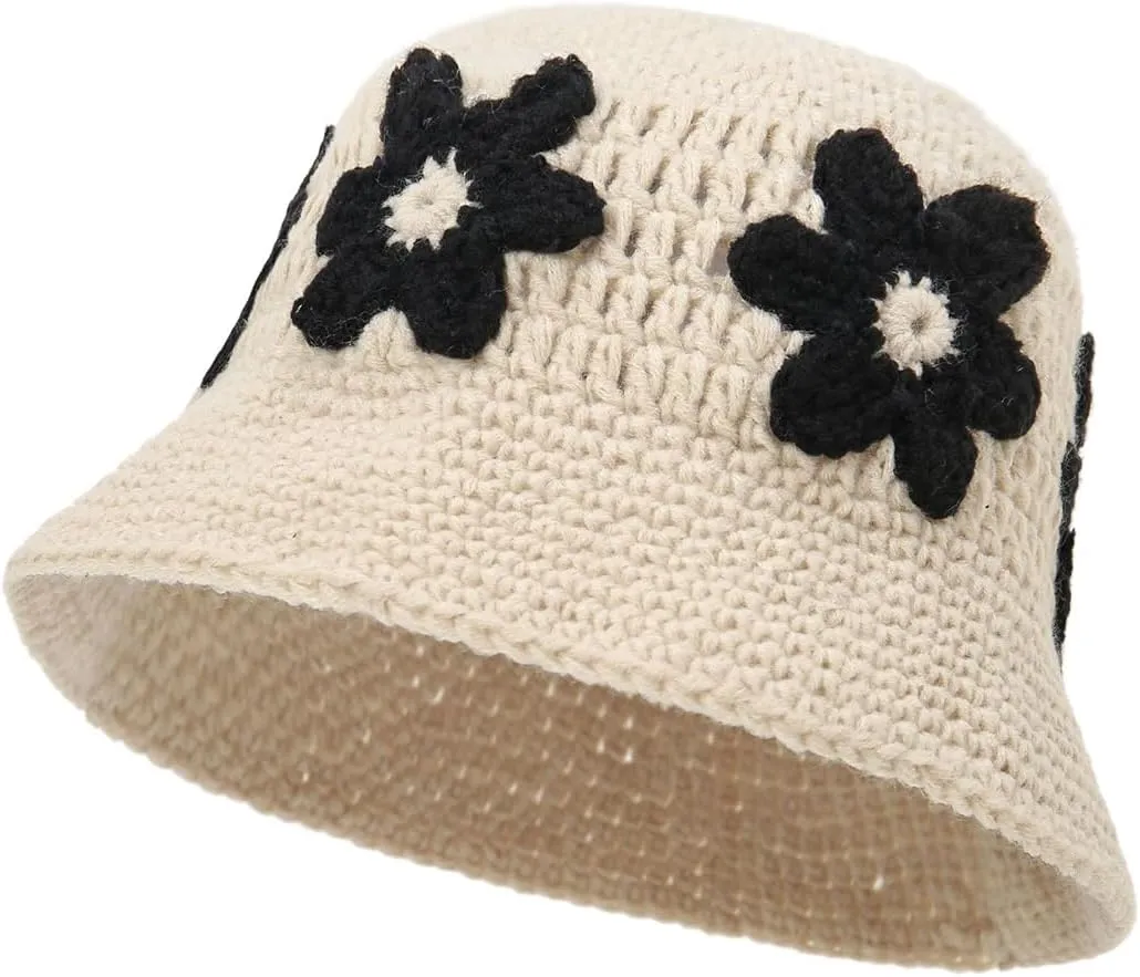 Knitted Crochet Bucket Hat for Women Cute Flower Pattern Beanies Handmade Foldable Sun Hat