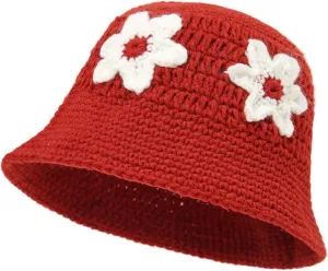 Knitted Crochet Bucket Hat for Women Cute Flower Pattern Beanies Handmade Foldable Sun Hat
