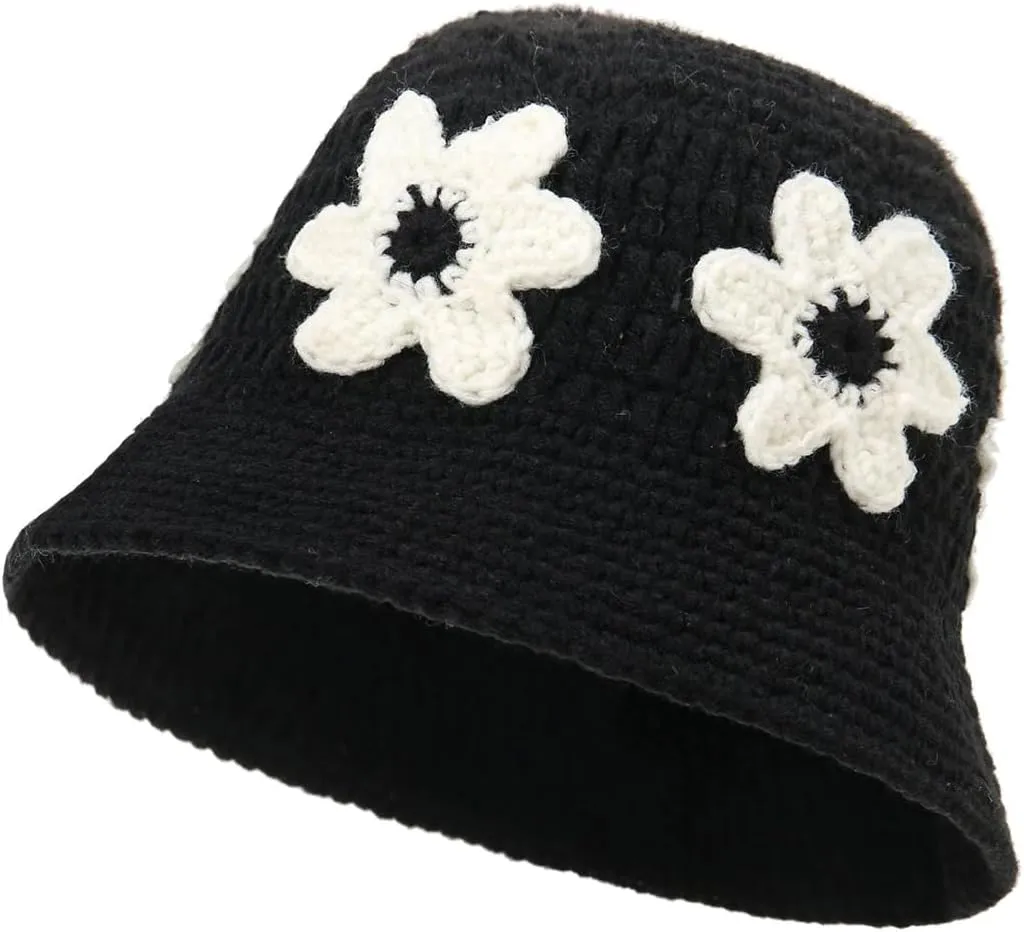 Knitted Crochet Bucket Hat for Women Cute Flower Pattern Beanies Handmade Foldable Sun Hat