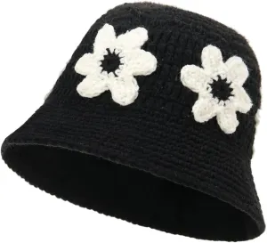Knitted Crochet Bucket Hat for Women Cute Flower Pattern Beanies Handmade Foldable Sun Hat