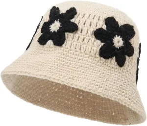 Knitted Crochet Bucket Hat for Women Cute Flower Pattern Beanies Handmade Foldable Sun Hat