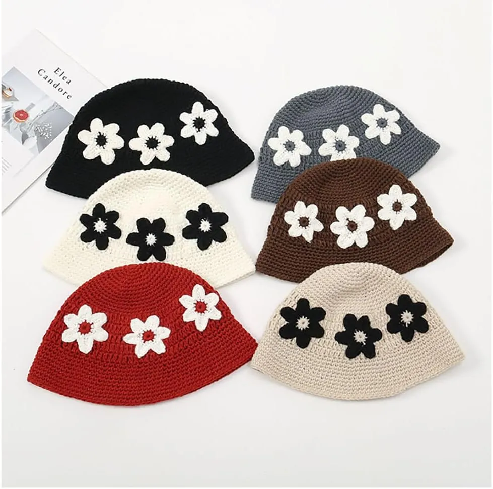 Knitted Crochet Bucket Hat for Women Cute Flower Pattern Beanies Handmade Foldable Sun Hat