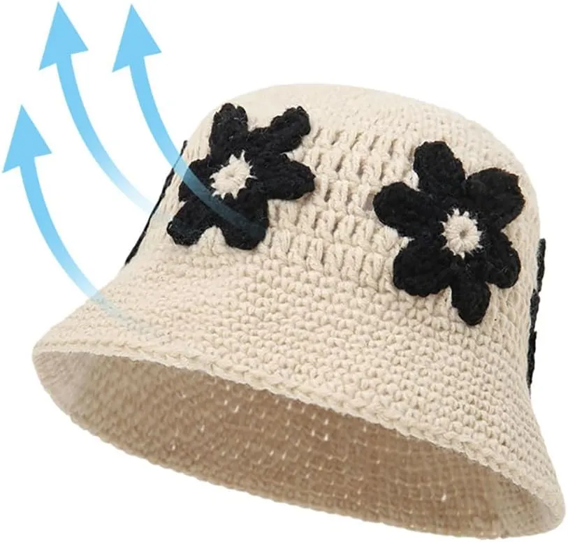 Knitted Crochet Bucket Hat for Women Cute Flower Pattern Beanies Handmade Foldable Sun Hat