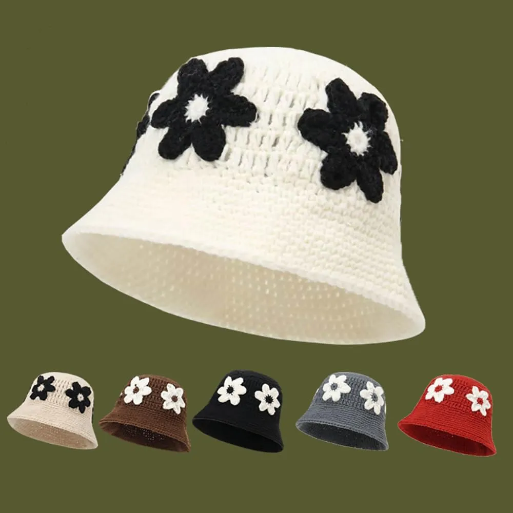Knitted Crochet Bucket Hat for Women Cute Flower Pattern Beanies Handmade Foldable Sun Hat