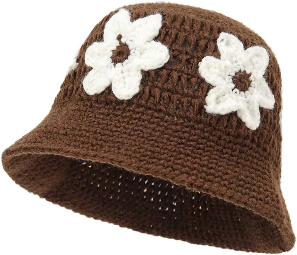 Knitted Crochet Bucket Hat for Women Cute Flower Pattern Beanies Handmade Foldable Sun Hat