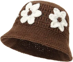 Knitted Crochet Bucket Hat for Women Cute Flower Pattern Beanies Handmade Foldable Sun Hat