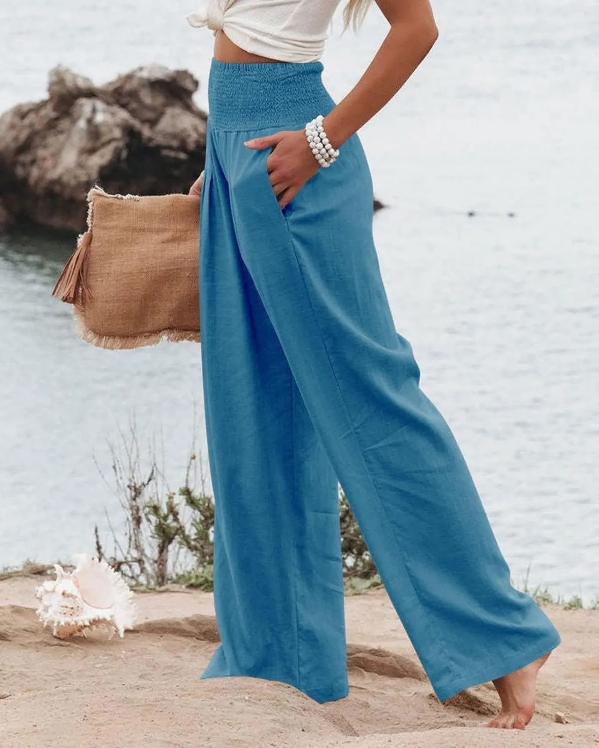 Kubbon Cotton Linen Pants for Women Wide Leg High Waist Pants Casual Stretchy Palazzo Trousers with Pockets Summer Clothes