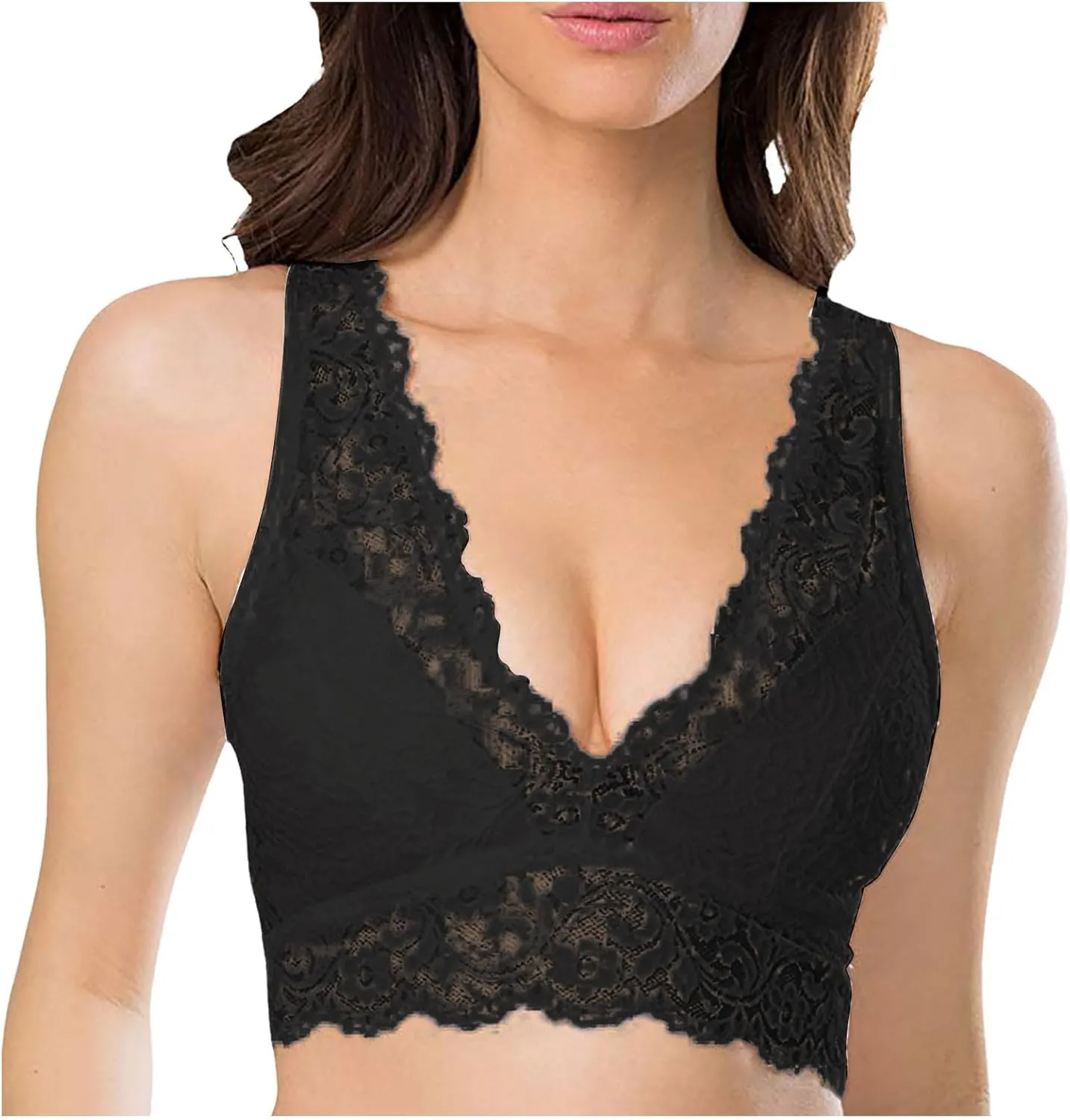 Lace Bralettes for Women Deep V Scalloped Mesh Sheer Bra Wide straps Comfortable Breathable Bras Skin friendly Bra