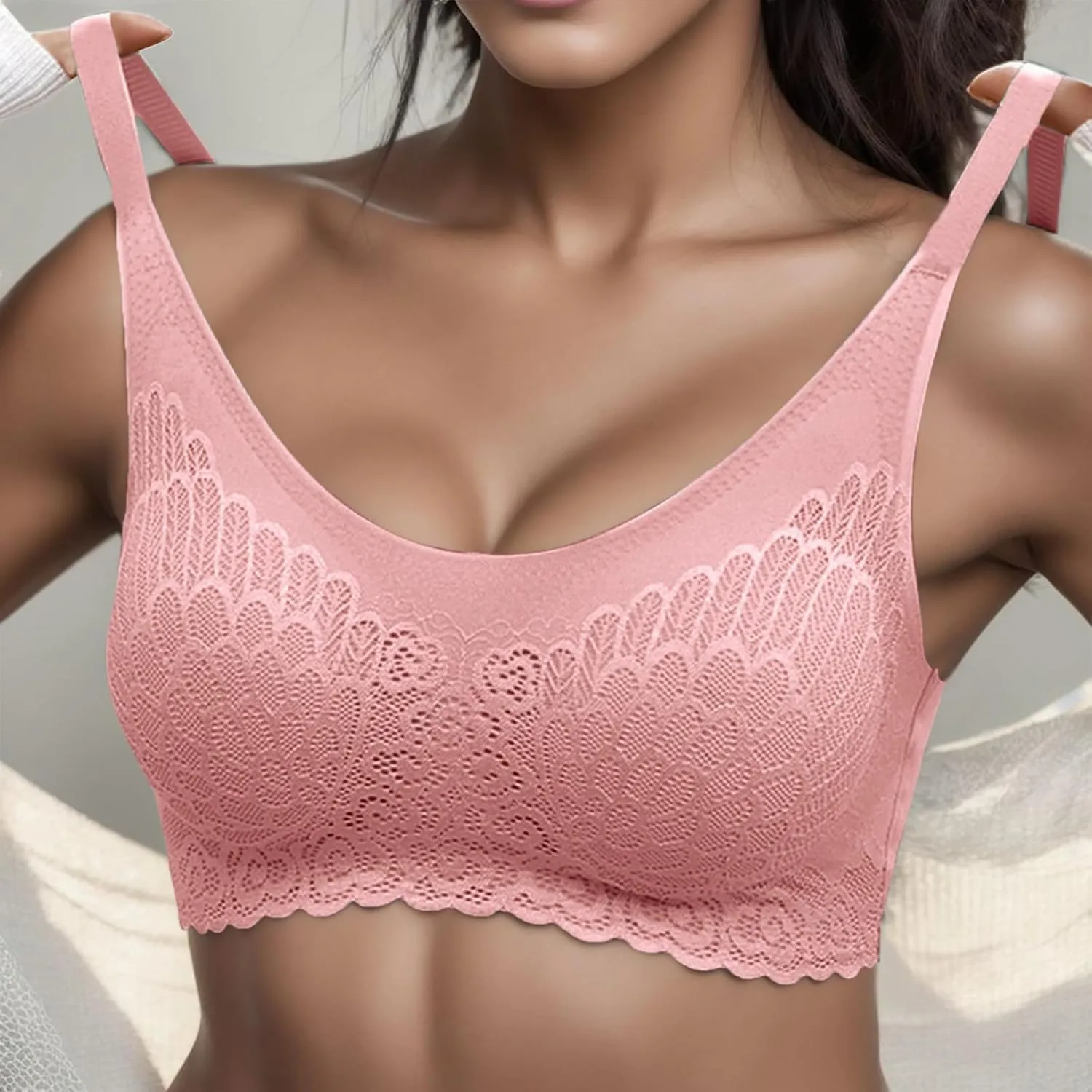 Lace Bras for Women Wireless Comfortable Push Up Bra Scalloped Seamless Full Coverage No Underwire Supportive T Shirt Bras