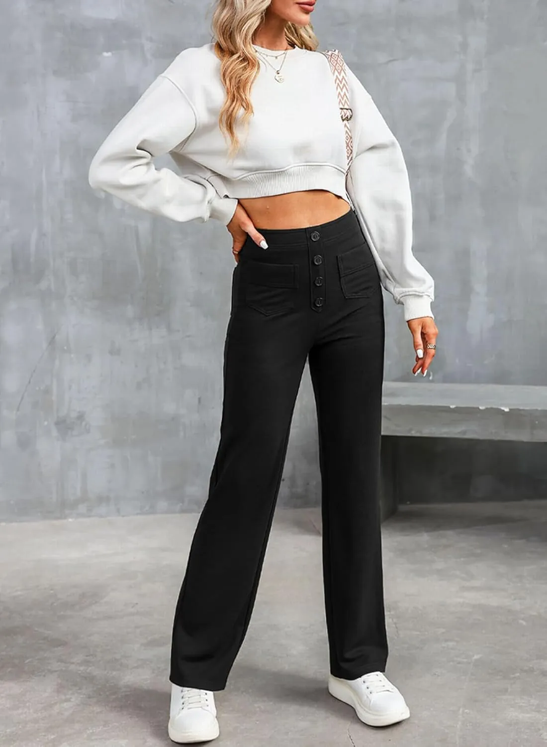 LAFOURAM Women's Straight Leg Pants High Waisted Business Casual Work Trousers with Pockets