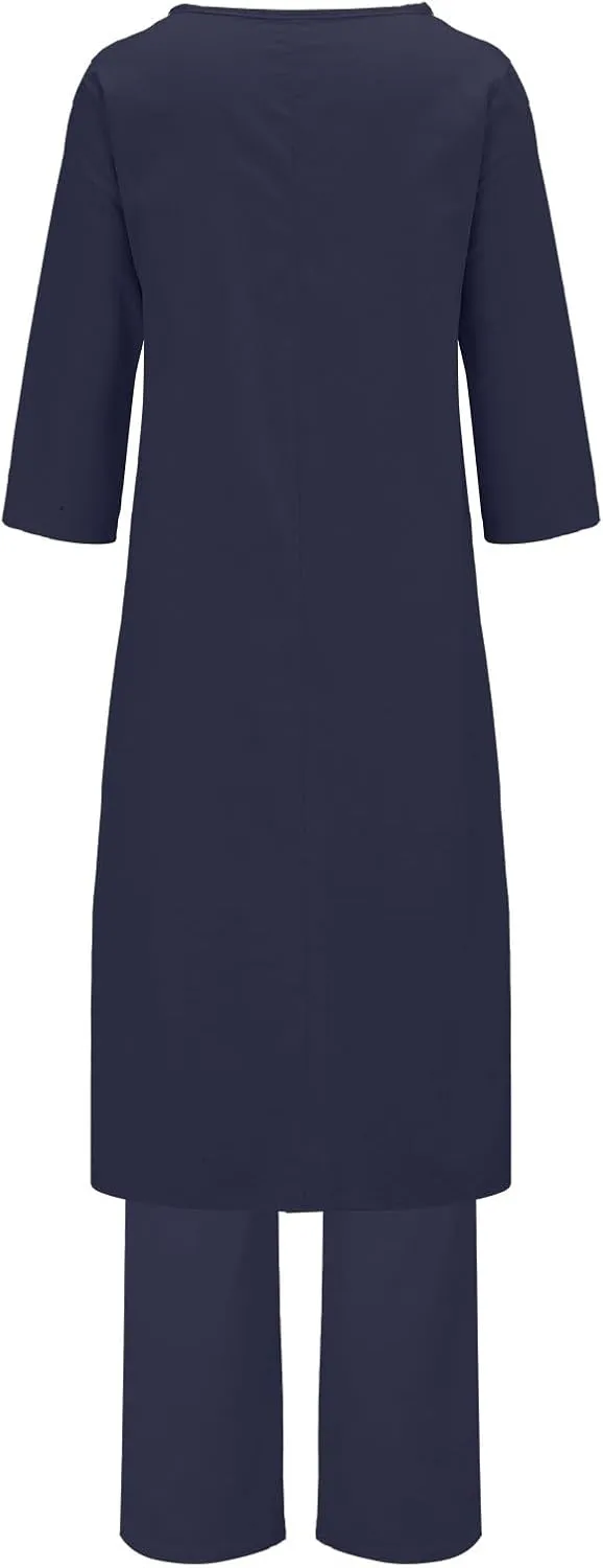 Linen Sets for Women 2 Piece Summer Linen Suit Pants Two Piece Long Sleeve Maxi Dress Wide Leg Pant Set Outfits