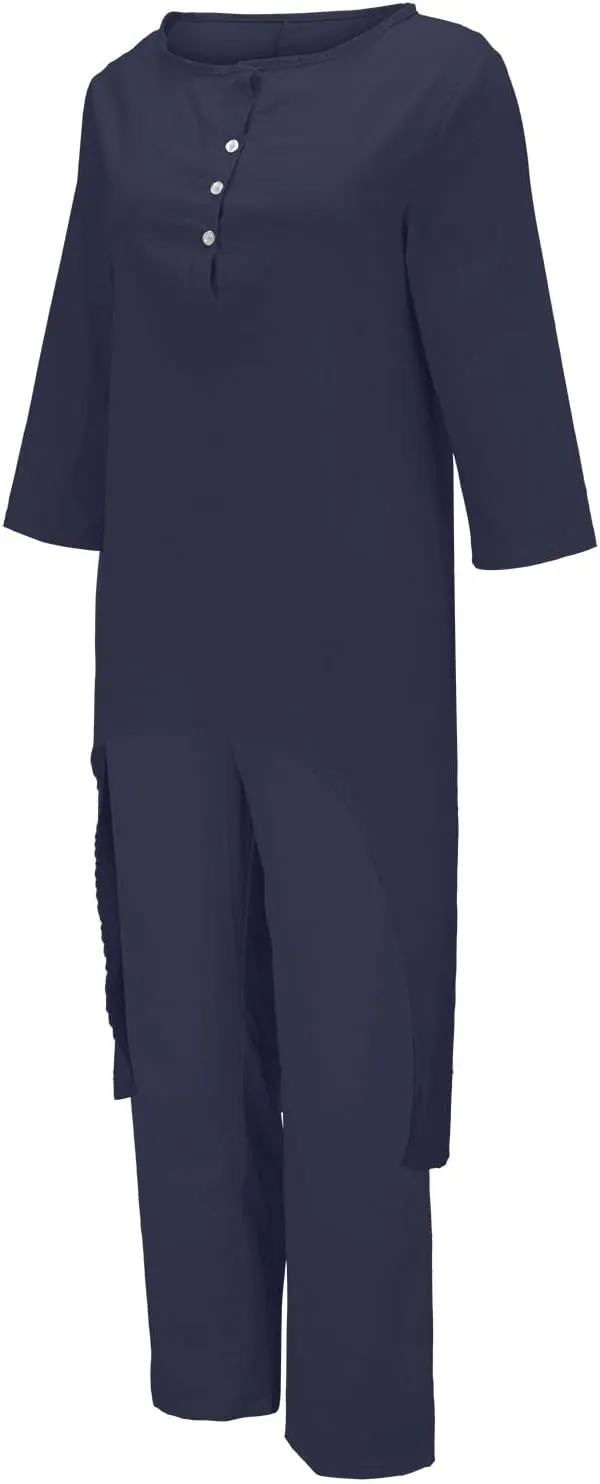 Linen Sets for Women 2 Piece Summer Linen Suit Pants Two Piece Long Sleeve Maxi Dress Wide Leg Pant Set Outfits