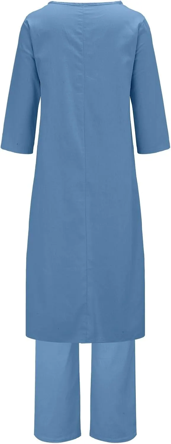 Linen Sets for Women 2 Piece Summer Linen Suit Pants Two Piece Long Sleeve Maxi Dress Wide Leg Pant Set Outfits