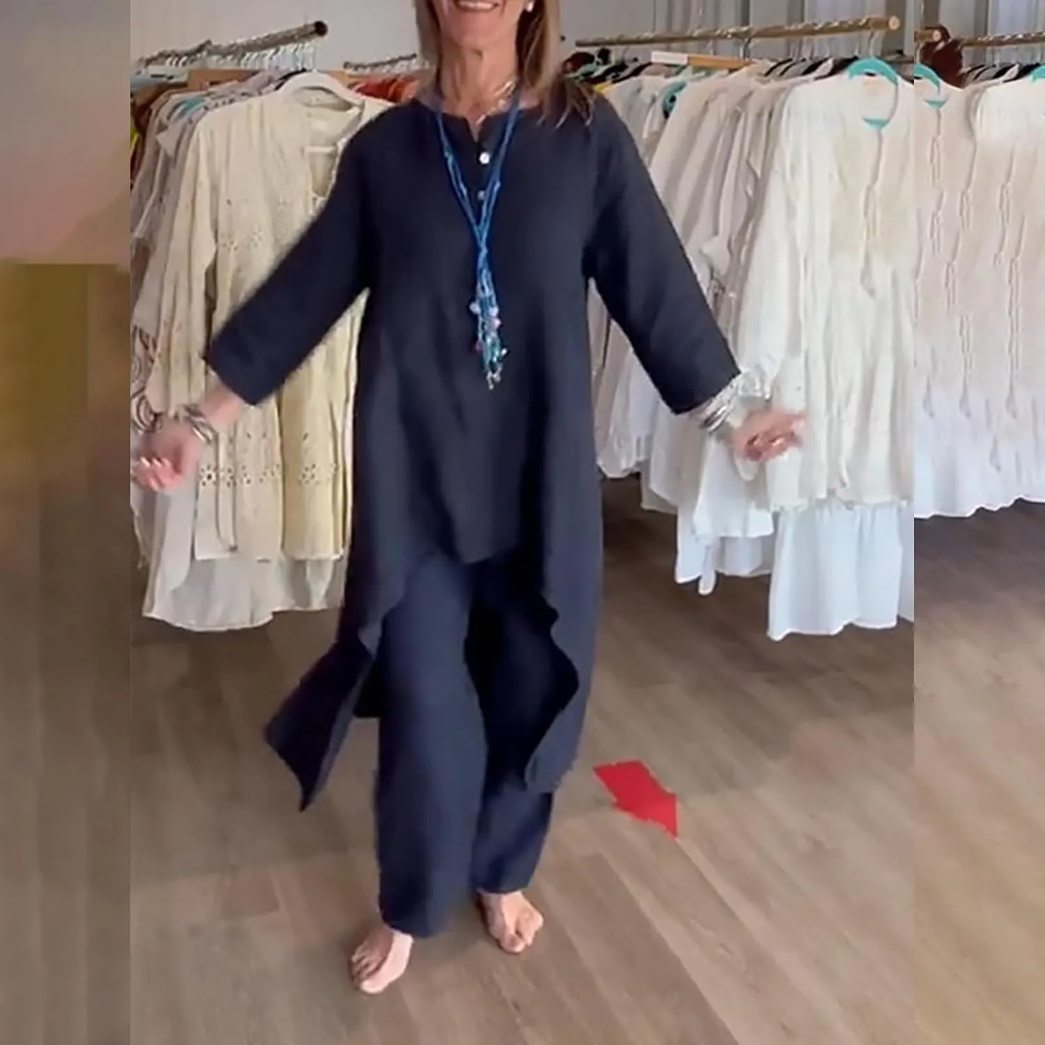 Linen Sets for Women 2 Piece Summer Linen Suit Pants Two Piece Long Sleeve Maxi Dress Wide Leg Pant Set Outfits