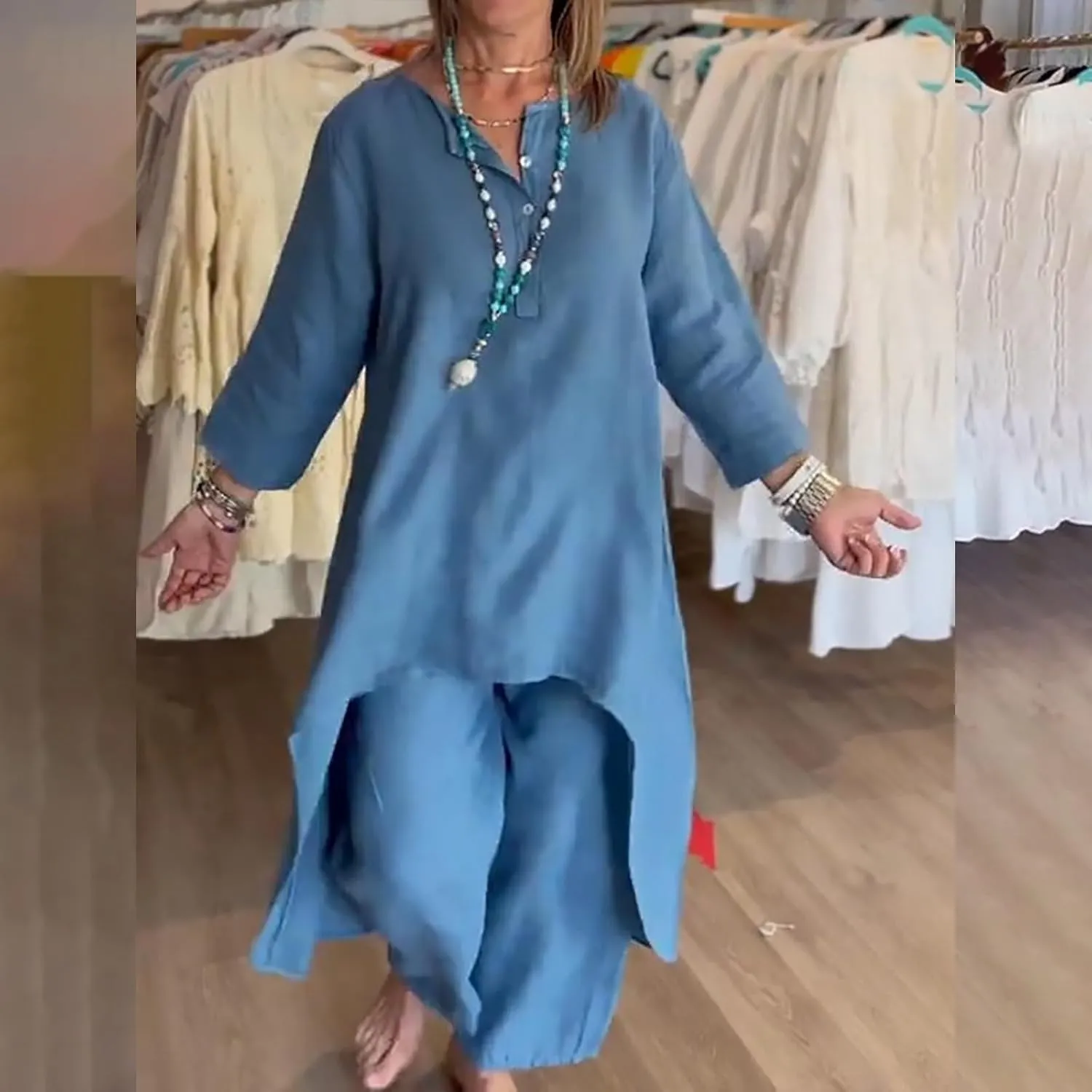 Linen Sets for Women 2 Piece Summer Linen Suit Pants Two Piece Long Sleeve Maxi Dress Wide Leg Pant Set Outfits