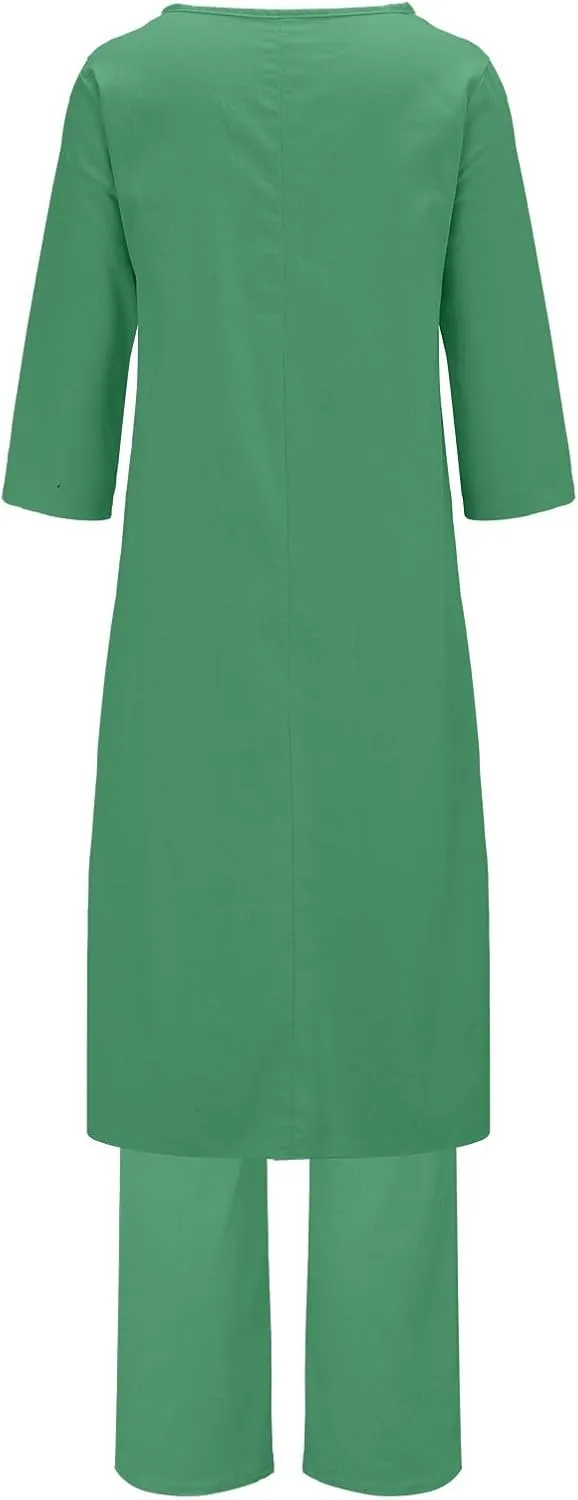 Linen Sets for Women 2 Piece Summer Linen Suit Pants Two Piece Long Sleeve Maxi Dress Wide Leg Pant Set Outfits