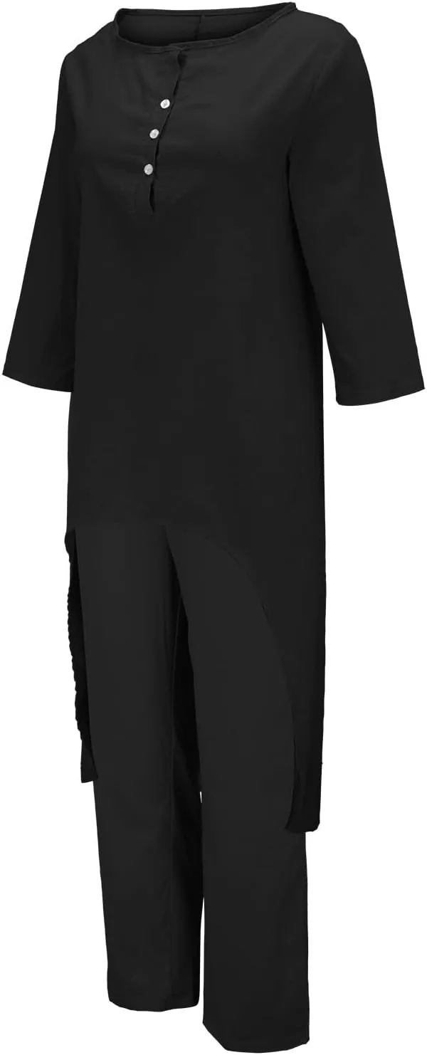 Linen Sets for Women 2 Piece Summer Linen Suit Pants Two Piece Long Sleeve Maxi Dress Wide Leg Pant Set Outfits
