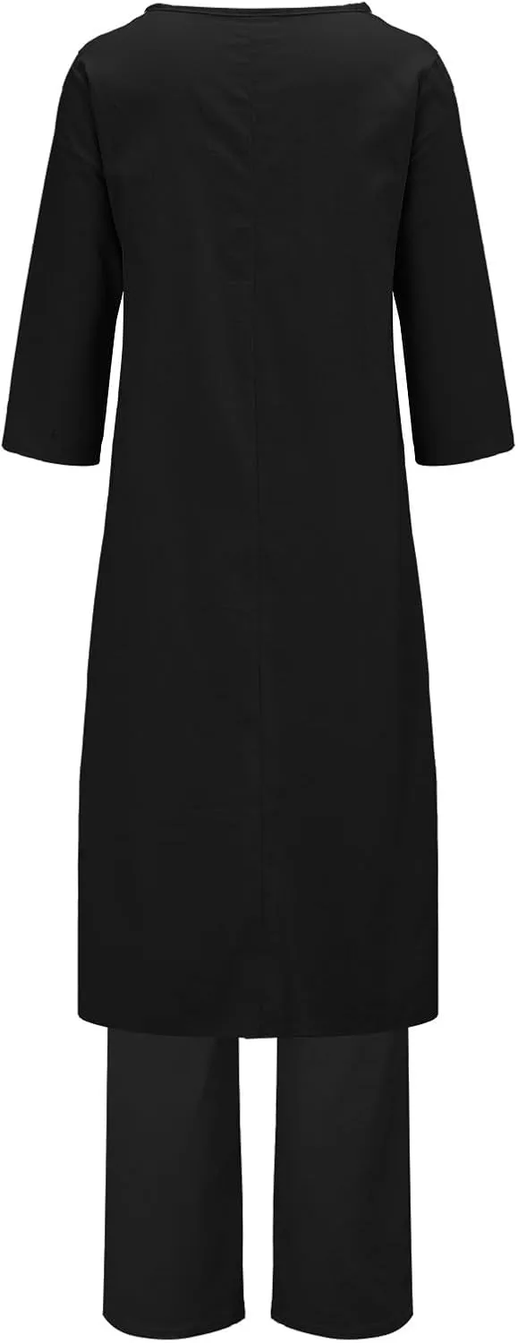 Linen Sets for Women 2 Piece Summer Linen Suit Pants Two Piece Long Sleeve Maxi Dress Wide Leg Pant Set Outfits