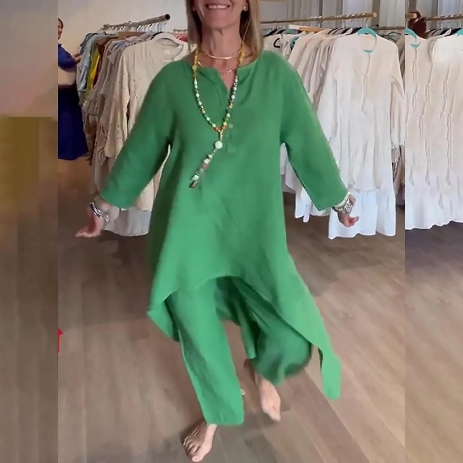 Linen Sets for Women 2 Piece Summer Linen Suit Pants Two Piece Long Sleeve Maxi Dress Wide Leg Pant Set Outfits
