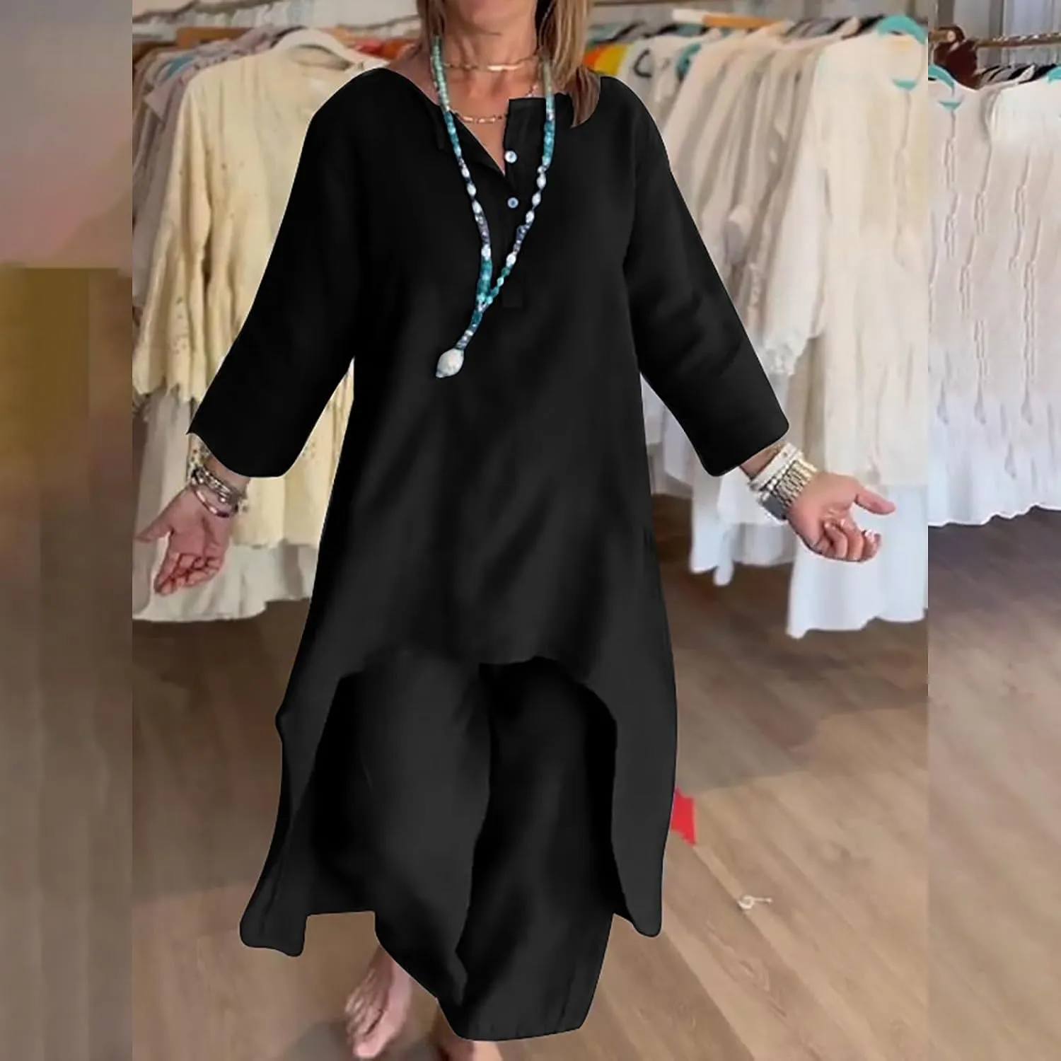 Linen Sets for Women 2 Piece Summer Linen Suit Pants Two Piece Long Sleeve Maxi Dress Wide Leg Pant Set Outfits