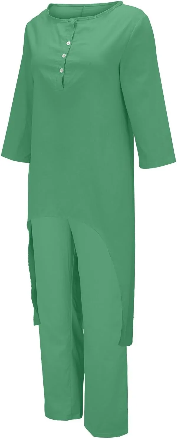 Linen Sets for Women 2 Piece Summer Linen Suit Pants Two Piece Long Sleeve Maxi Dress Wide Leg Pant Set Outfits