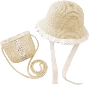 Little Girls Straw Hat with Lace Brim, Crossbody Mini Bag Kids Summer Travel Beach Tea Party Sunhat