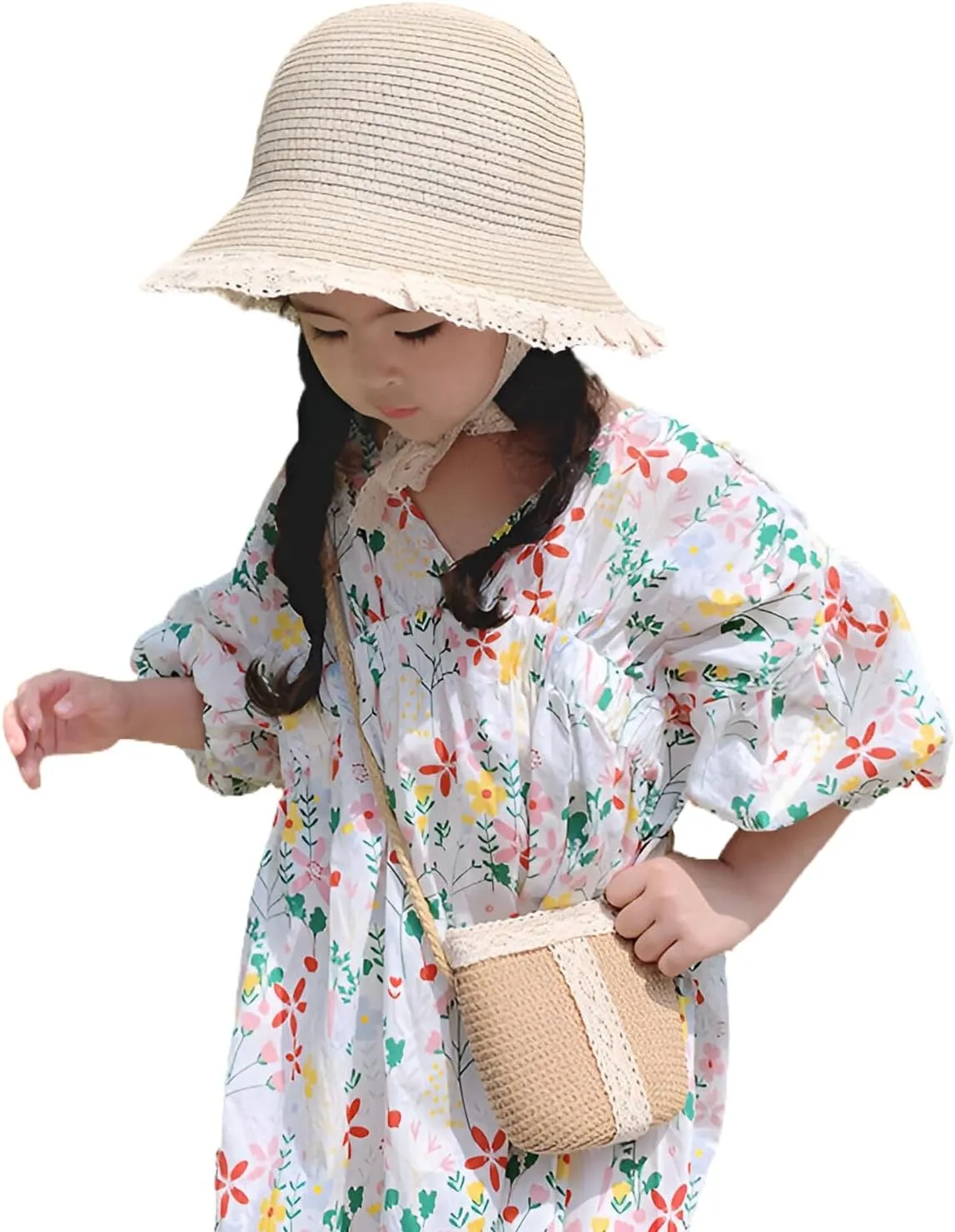 Little Girls Straw Hat with Lace Brim, Crossbody Mini Bag Kids Summer Travel Beach Tea Party Sunhat