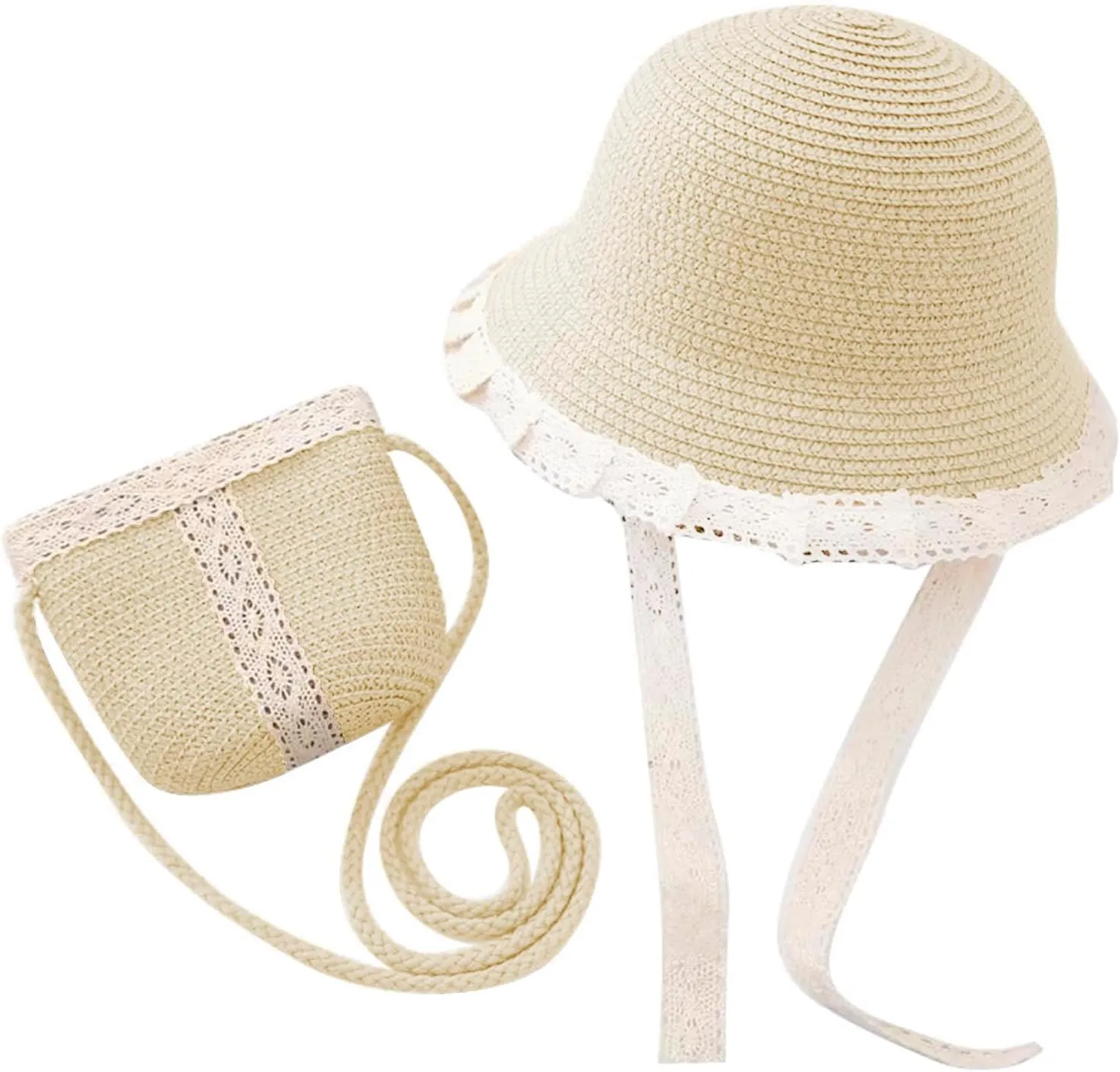 Little Girls Straw Hat with Lace Brim, Crossbody Mini Bag Kids Summer Travel Beach Tea Party Sunhat