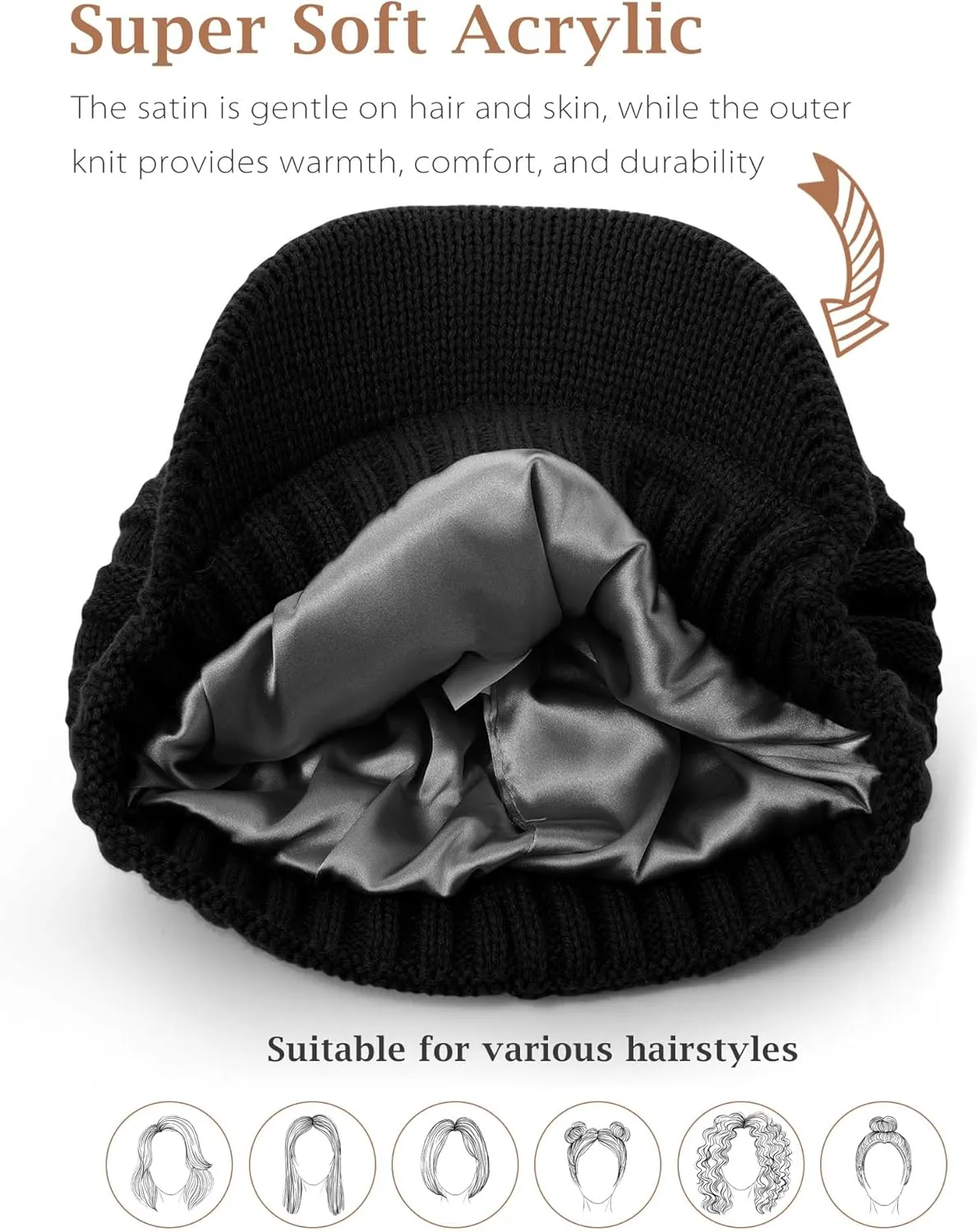 LiuSuper Satin Lined Beanie for Women Men, Silk Lined Winter Hats for Women, Warm Slouchy Beanies with Brim Visor