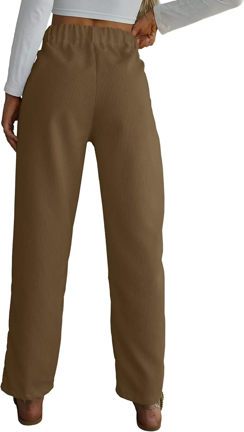 LNX Womens Corduroy Pants High Waisted Straight Leg Loose Work Trousers with Pockets