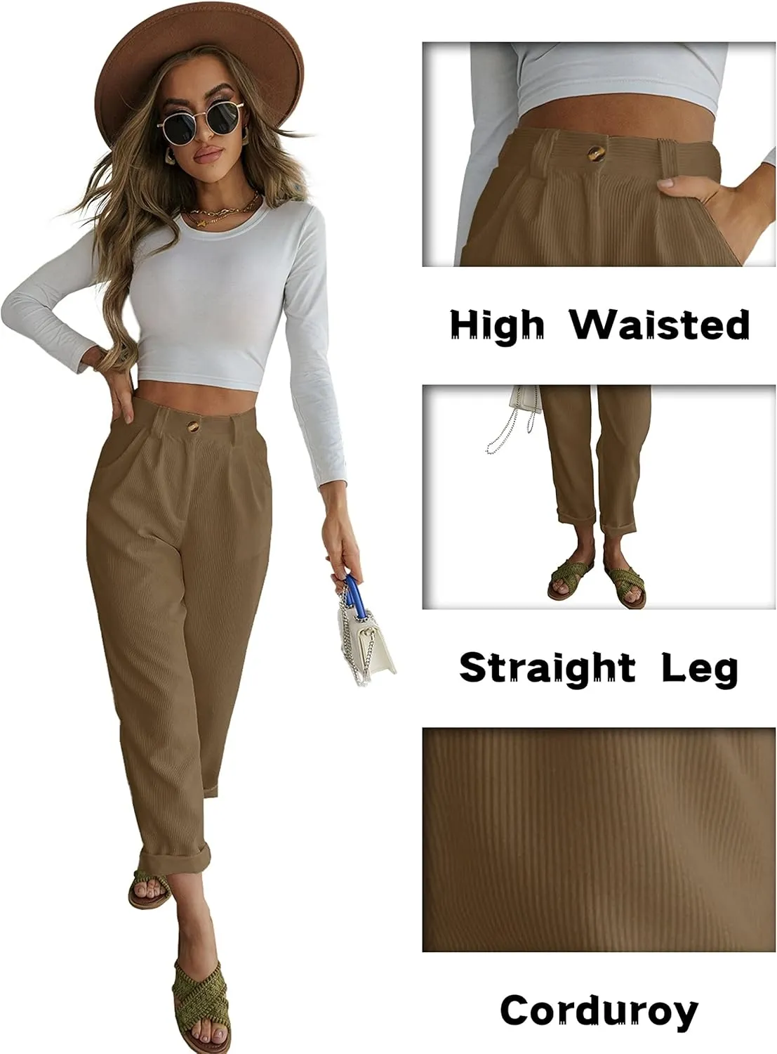 LNX Womens Corduroy Pants High Waisted Straight Leg Loose Work Trousers with Pockets