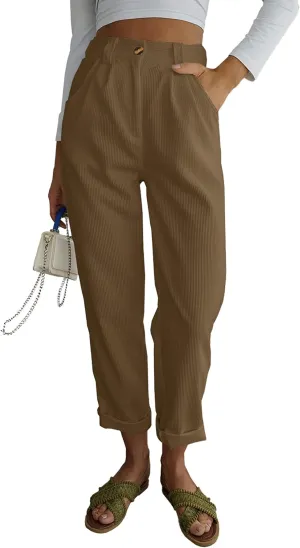 LNX Womens Corduroy Pants High Waisted Straight Leg Loose Work Trousers with Pockets