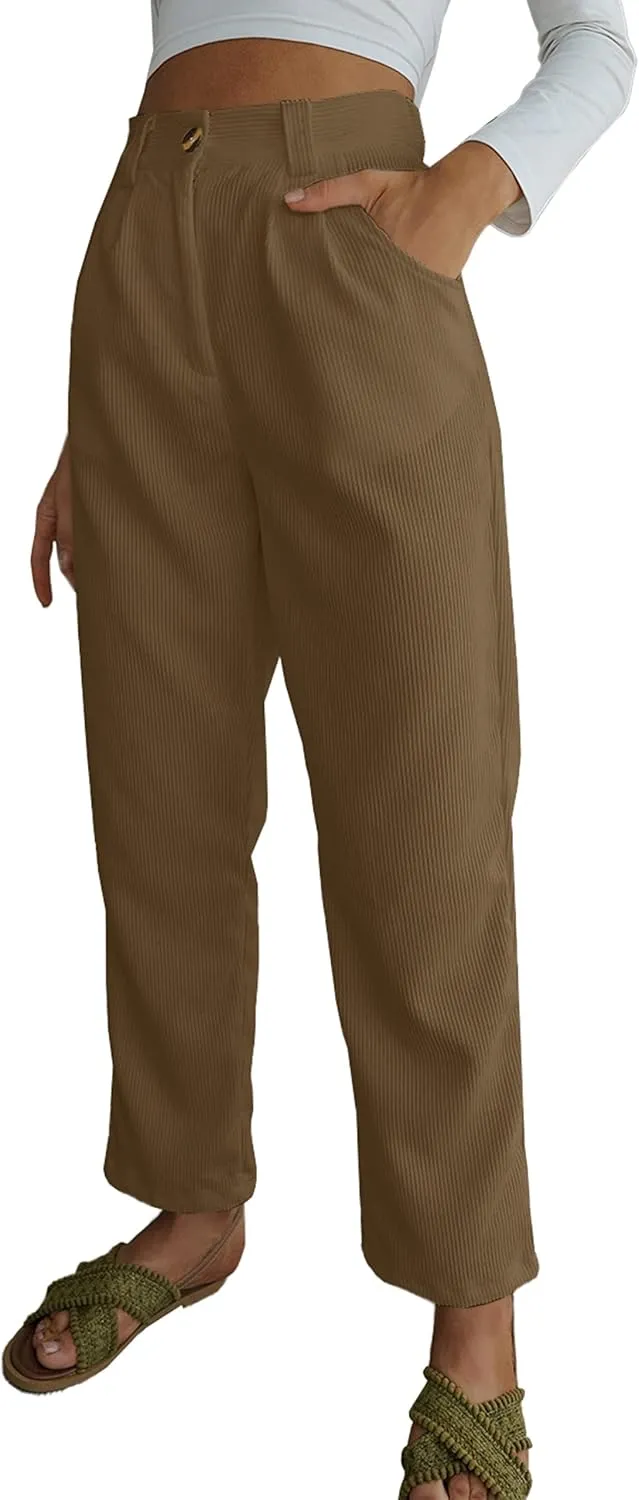 LNX Womens Corduroy Pants High Waisted Straight Leg Loose Work Trousers with Pockets