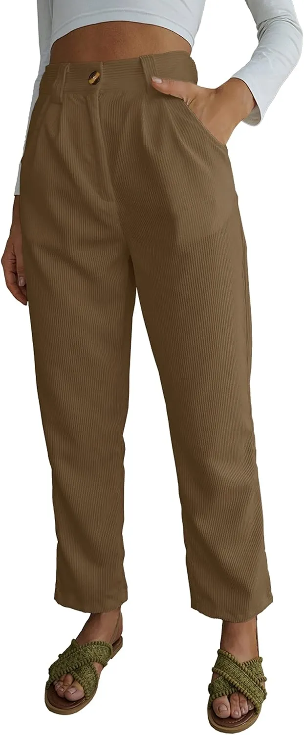 LNX Womens Corduroy Pants High Waisted Straight Leg Loose Work Trousers with Pockets