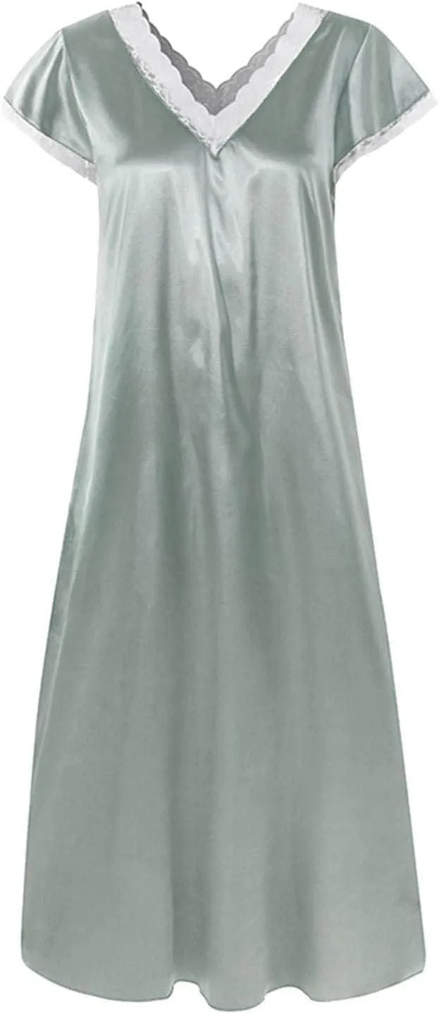 Long Nightgowns for Women Soft Silk Satin Sleepwear Short Sleeve Nightshirt Full Length Lace V Neck Loungewear