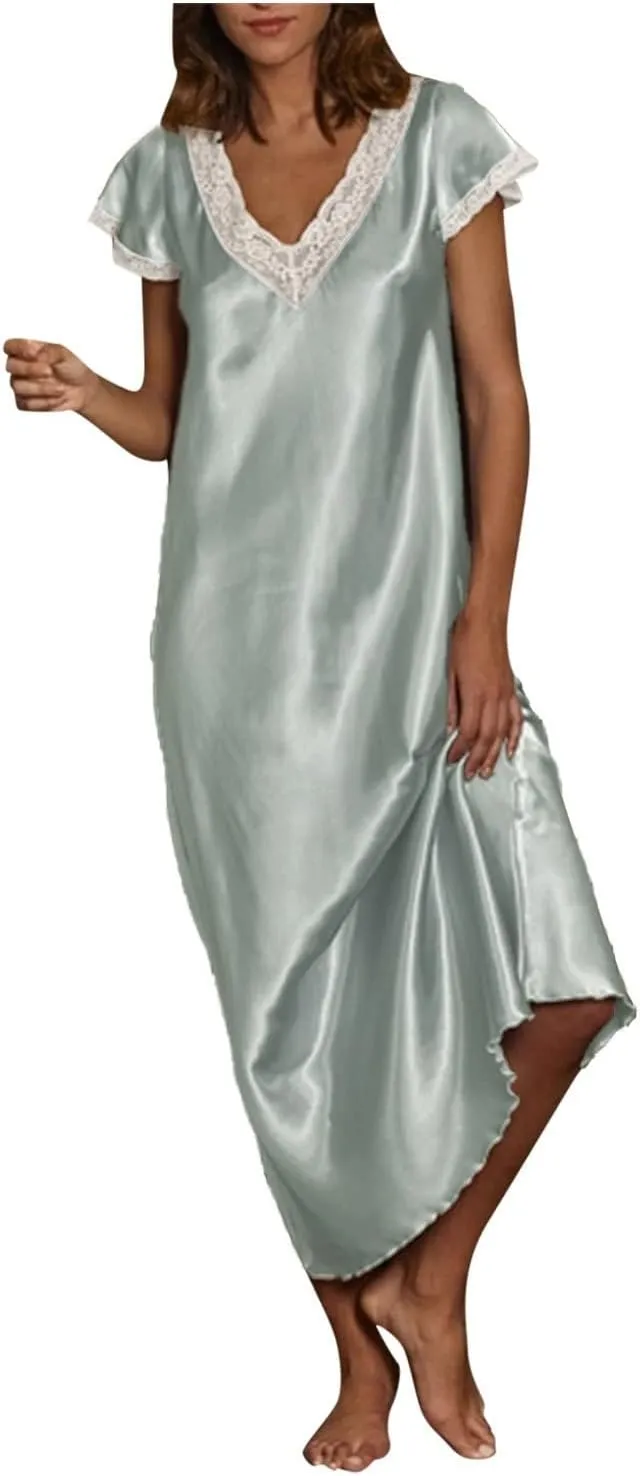 Long Nightgowns for Women Soft Silk Satin Sleepwear Short Sleeve Nightshirt Full Length Lace V Neck Loungewear
