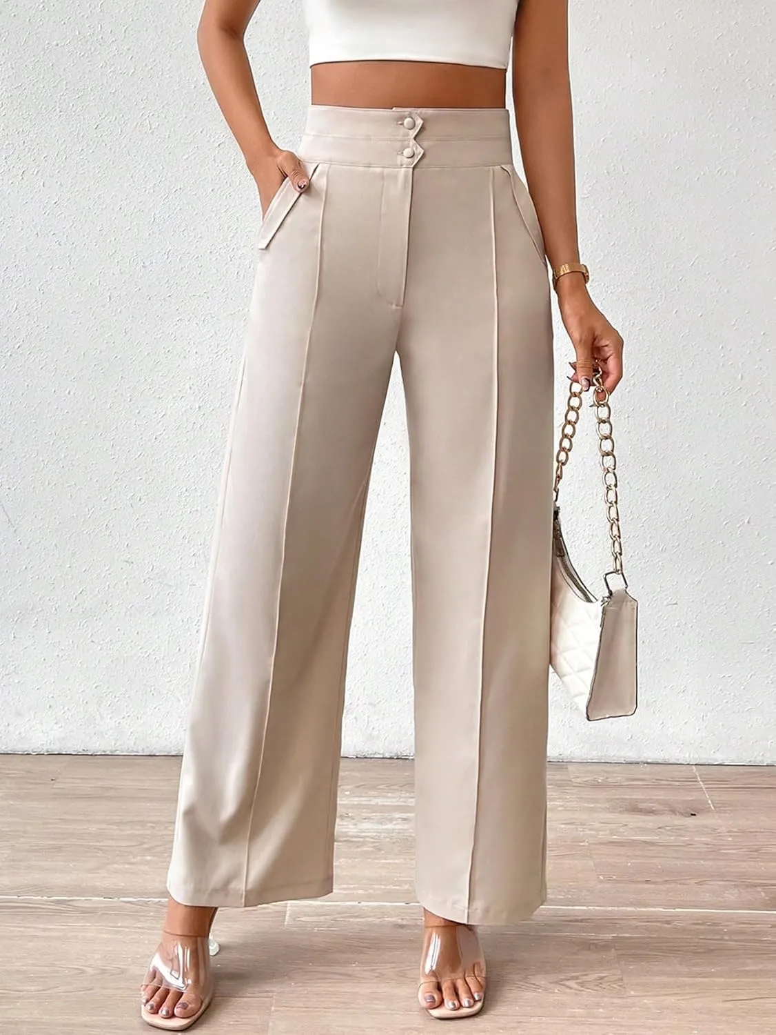 MakeMeChic Women's High Waisted Wide Leg Pants Work Trousers Straight Dressy Suit Pants