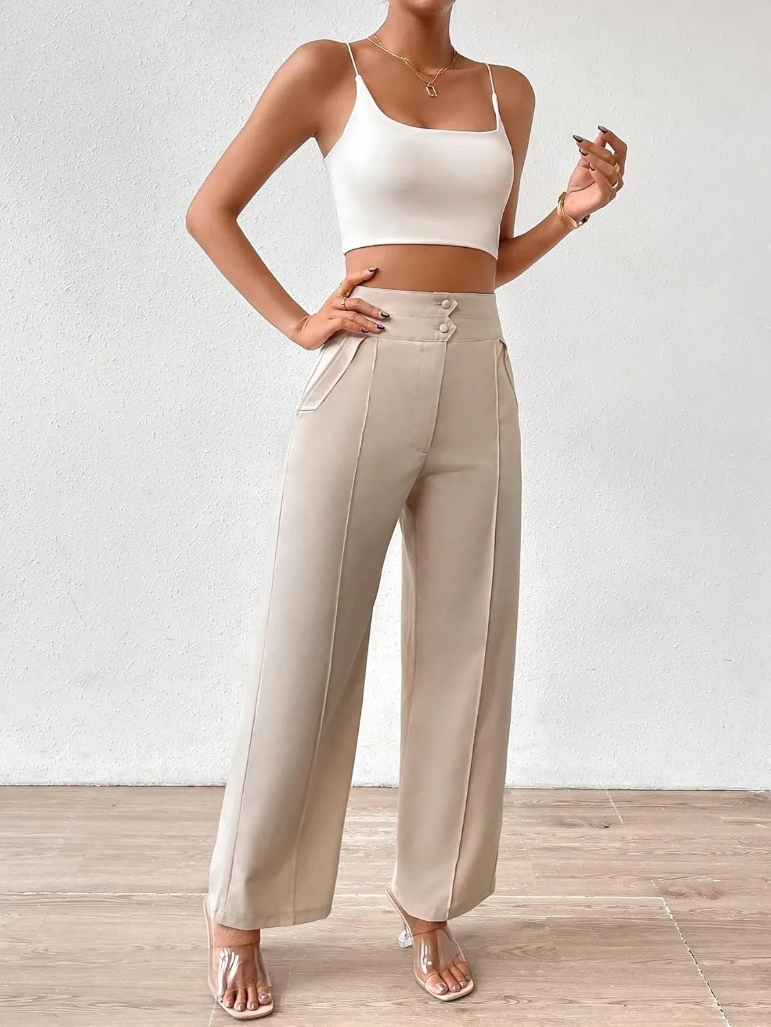 MakeMeChic Women's High Waisted Wide Leg Pants Work Trousers Straight Dressy Suit Pants
