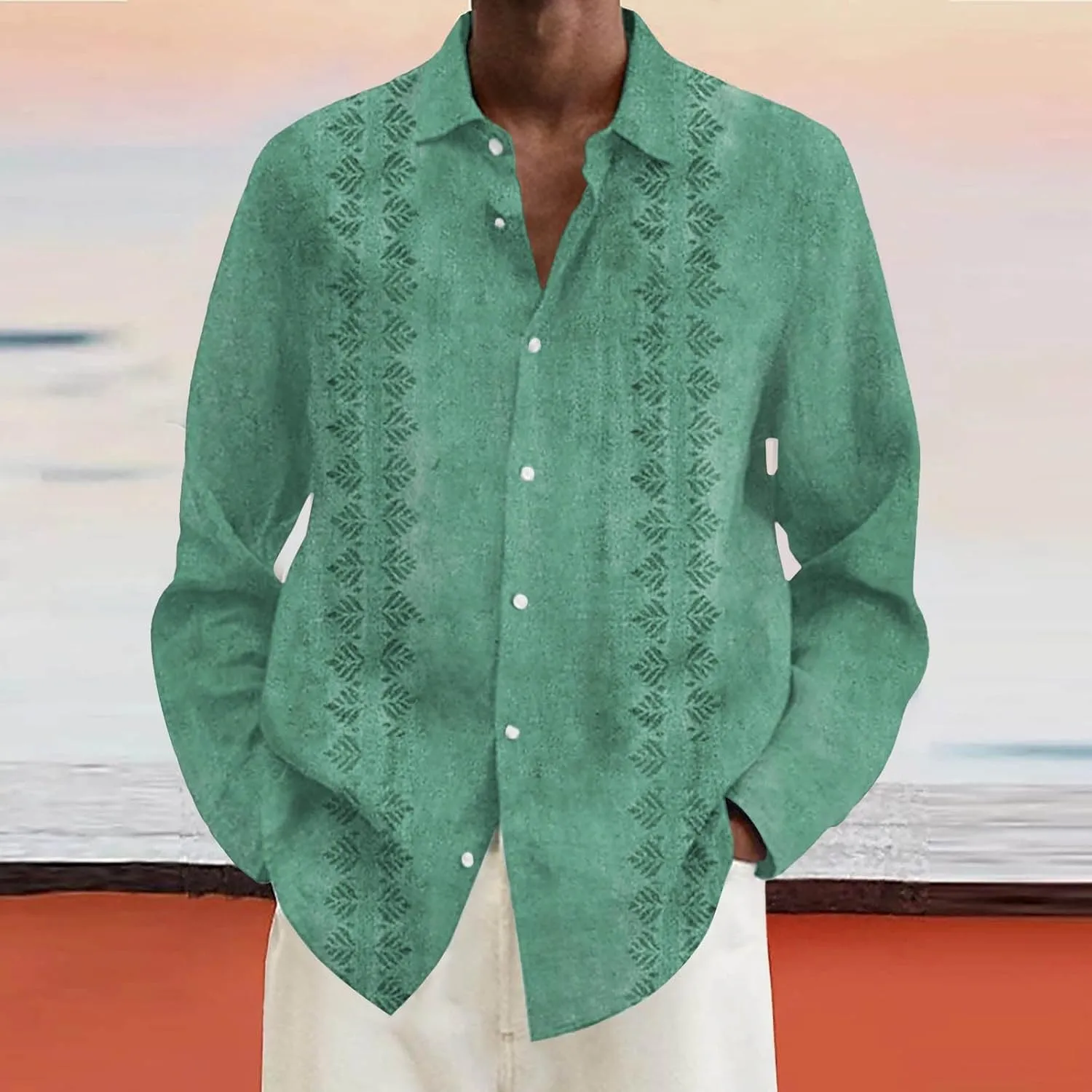 Men Cuba Guayabera Shirt Long Sleeve Button Lapel Casual Shirt Loose Comfy Beach Vacation Style Fashion Top Plus Size