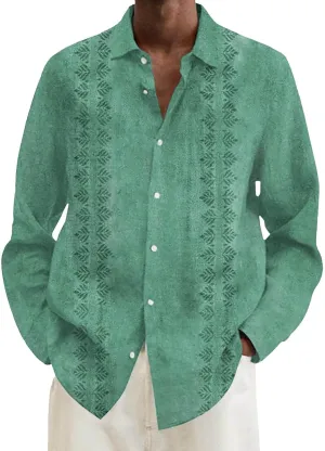 Men Cuba Guayabera Shirt Long Sleeve Button Lapel Casual Shirt Loose Comfy Beach Vacation Style Fashion Top Plus Size