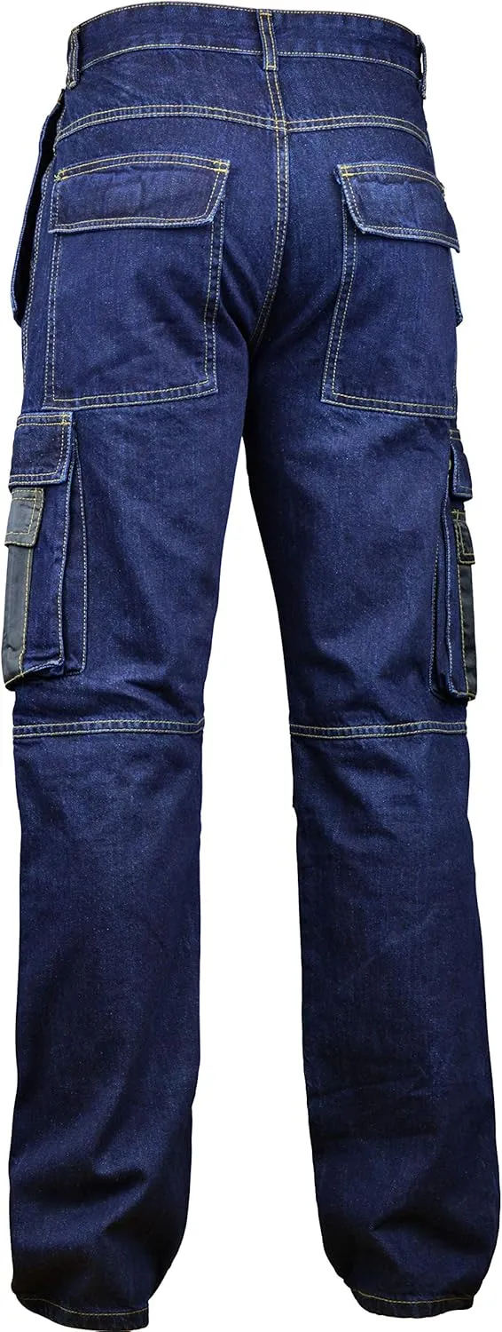 Men Denim Workwear Pants Utility Cargo Work Trousers Cordura Knee Reinforcement with Holster Pockets
