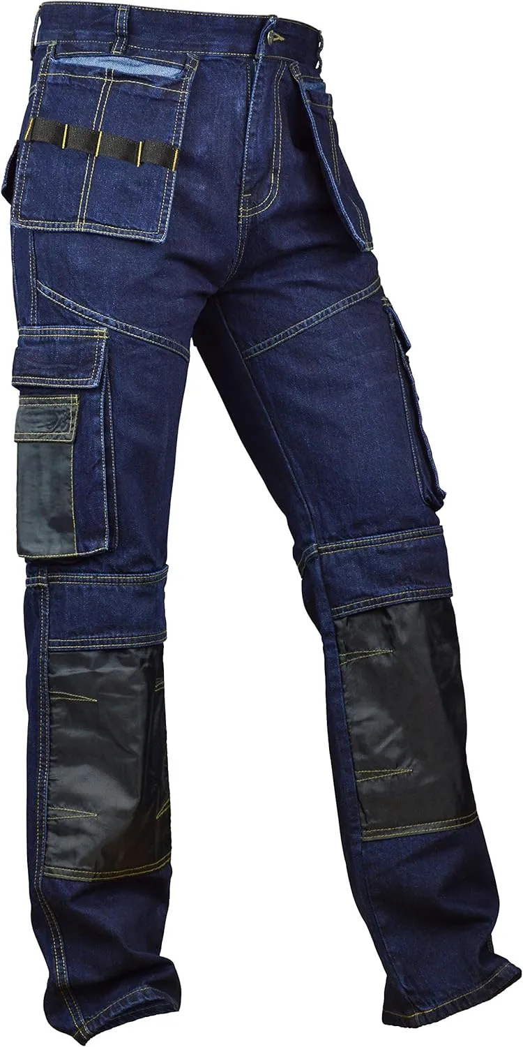 Men Denim Workwear Pants Utility Cargo Work Trousers Cordura Knee Reinforcement with Holster Pockets
