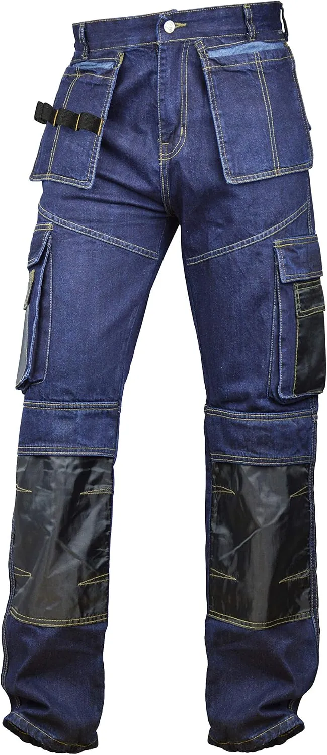 Men Denim Workwear Pants Utility Cargo Work Trousers Cordura Knee Reinforcement with Holster Pockets