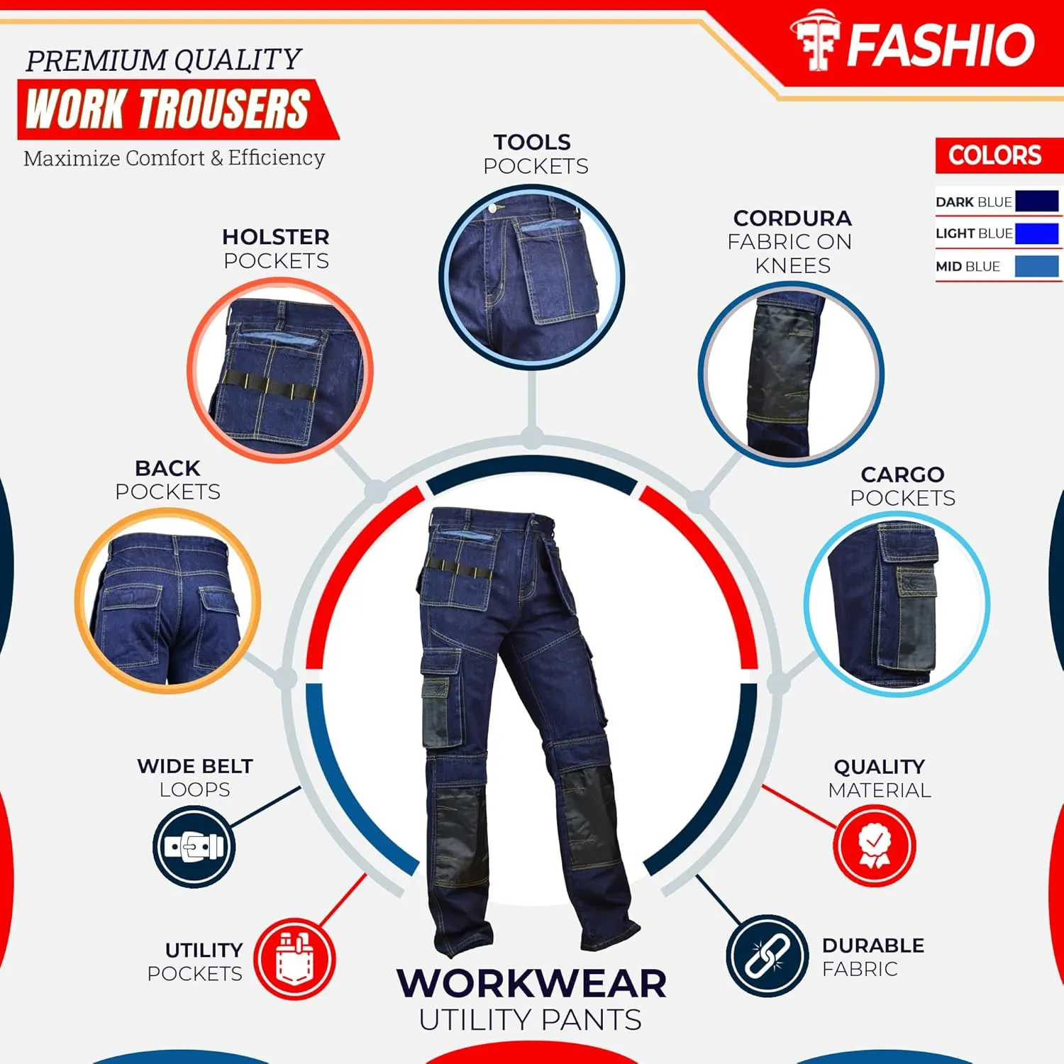 Men Denim Workwear Pants Utility Cargo Work Trousers Cordura Knee Reinforcement with Holster Pockets