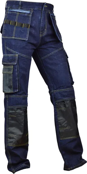 Men Denim Workwear Pants Utility Cargo Work Trousers Cordura Knee Reinforcement with Holster Pockets