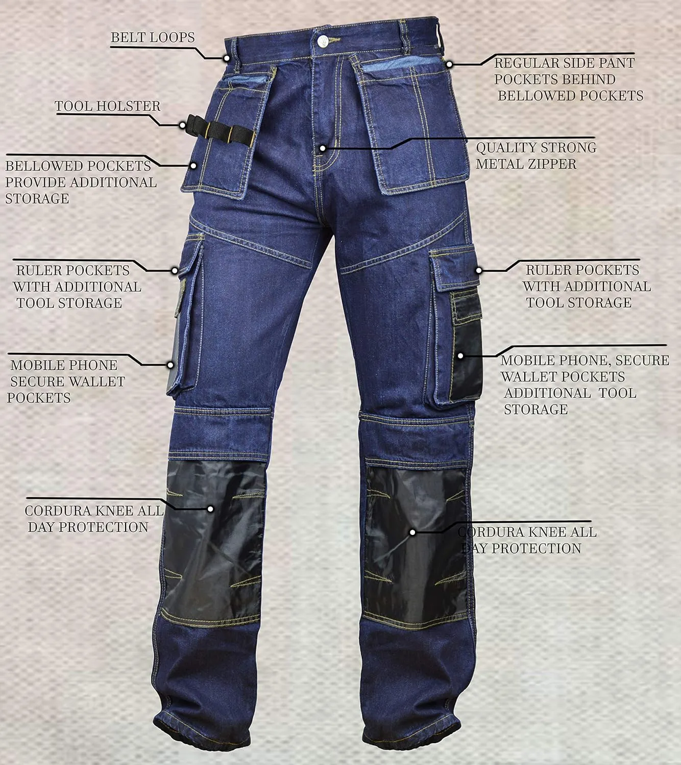 Men Denim Workwear Pants Utility Cargo Work Trousers Cordura Knee Reinforcement with Holster Pockets