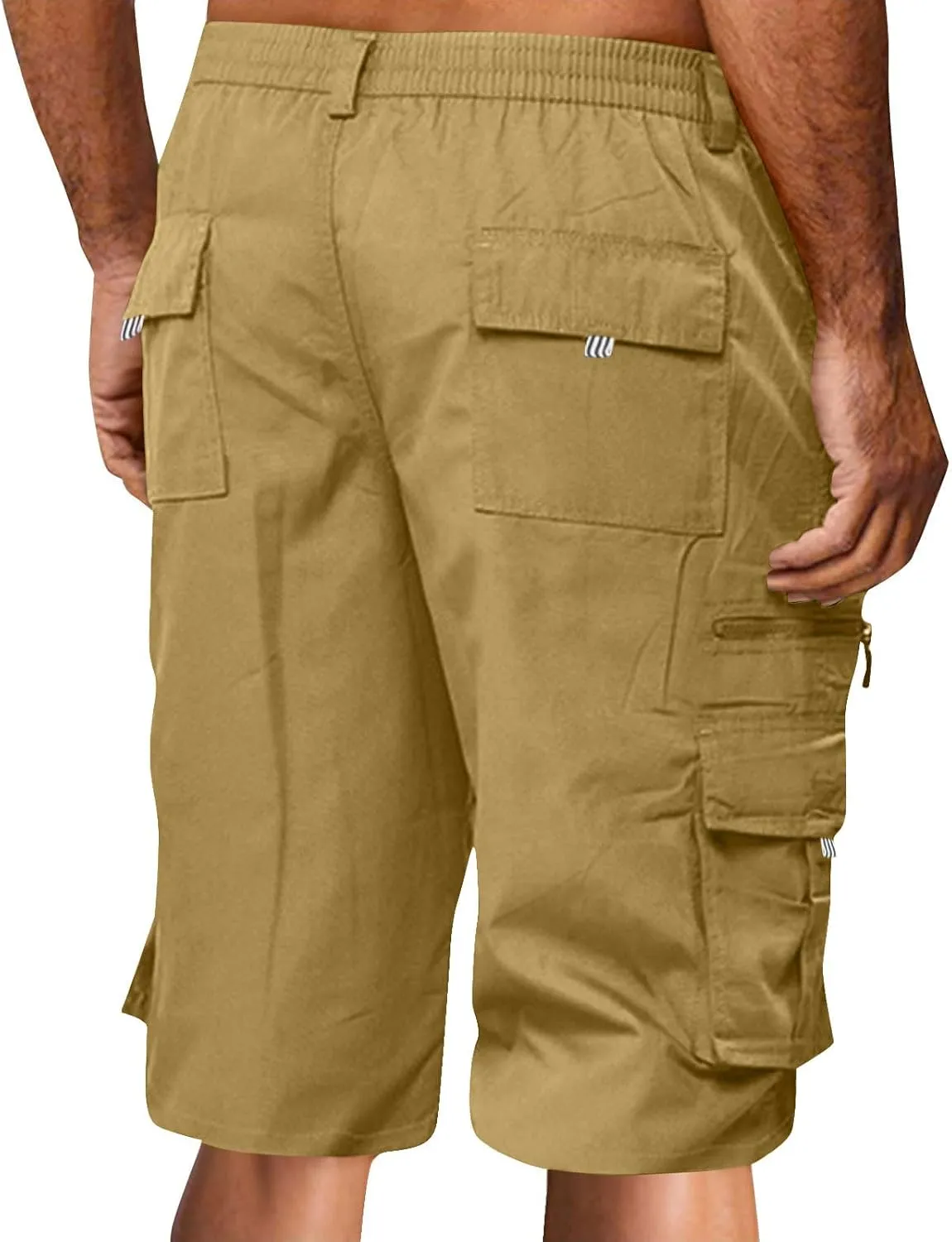 Men's Cargo Shorts 3/4 Relaxed Fit Below Knee Length Shorts 7 Pockets Elastic Waist Cotton Hiking Shorts