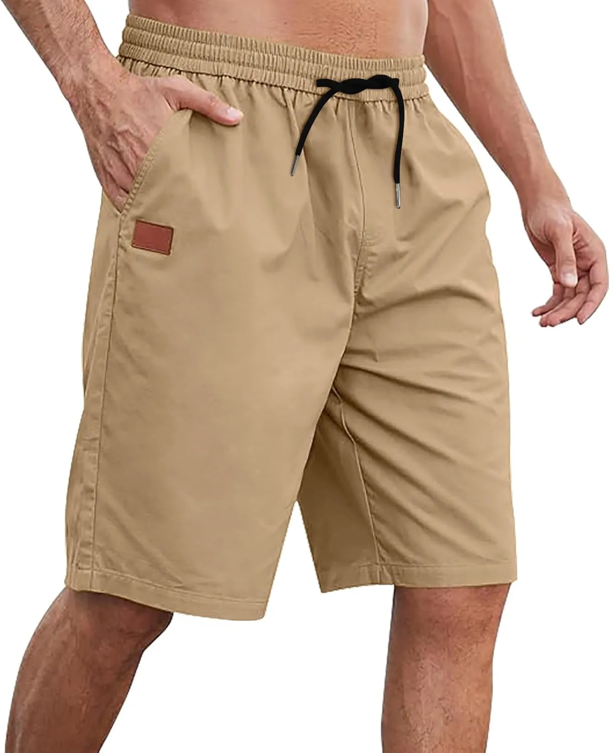 Men's Cargo Shorts 3/4 Relaxed Fit Below Knee Length Shorts 7 Pockets Elastic Waist Cotton Hiking Shorts