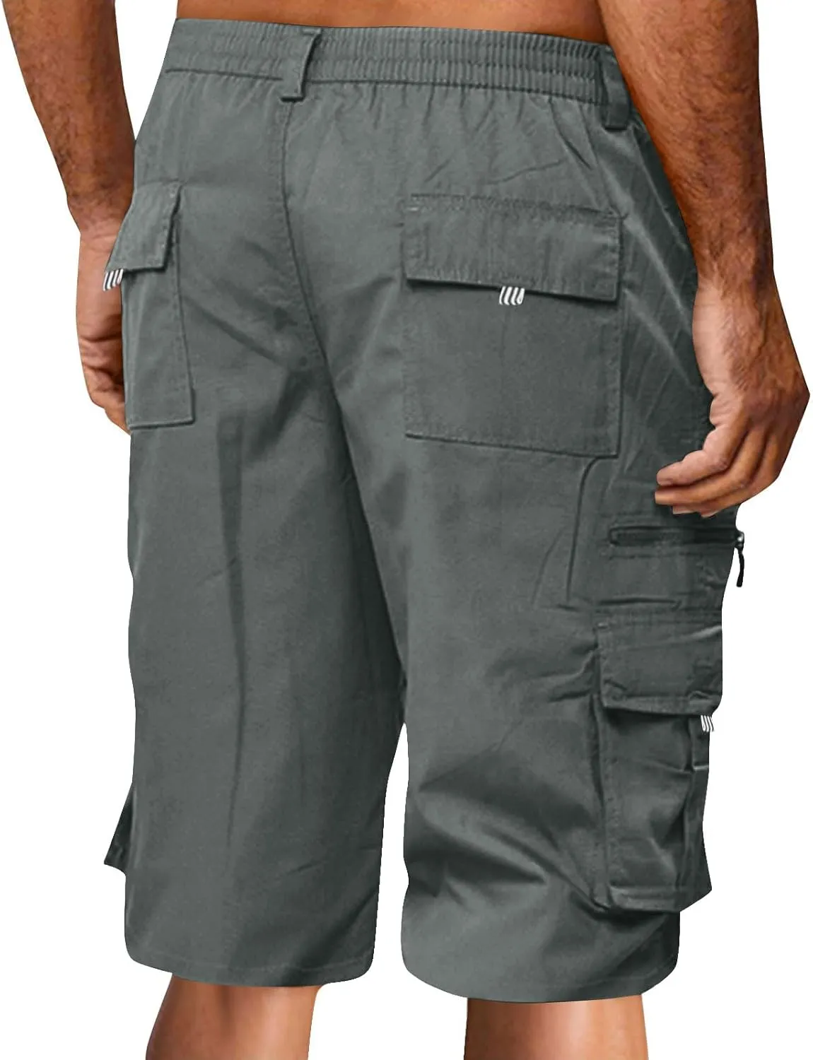 Men's Cargo Shorts 3/4 Relaxed Fit Below Knee Length Shorts 7 Pockets Elastic Waist Cotton Hiking Shorts