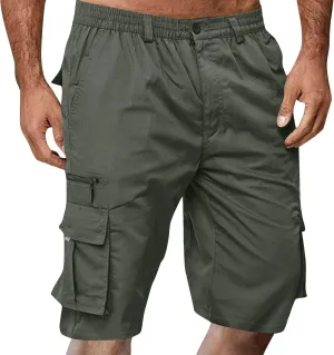 Men's Cargo Shorts 3/4 Relaxed Fit Below Knee Length Shorts 7 Pockets Elastic Waist Cotton Hiking Shorts